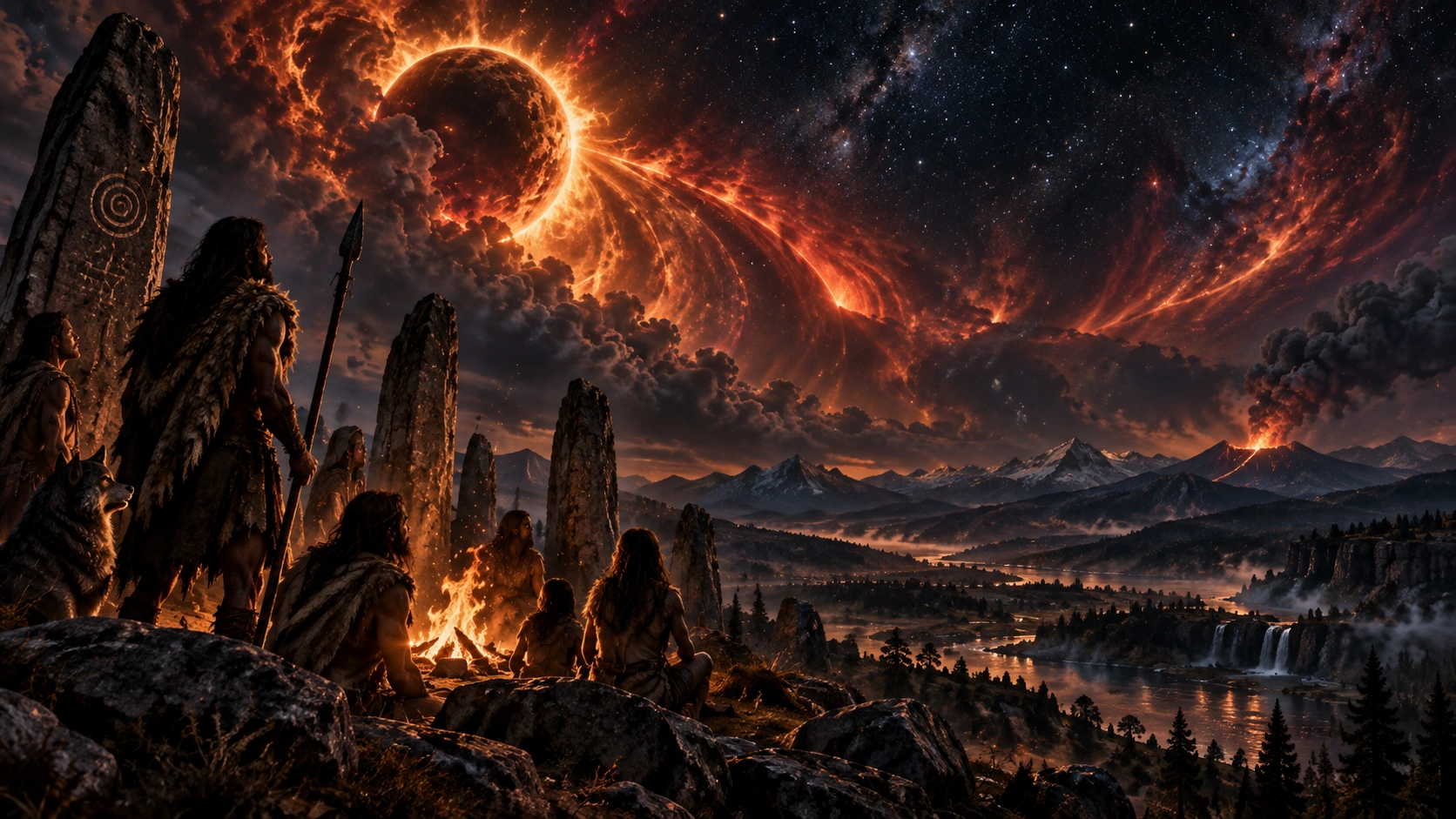 A small group crosses an icy coastal landscape beneath jagged mountains and a red eclipsed sun.