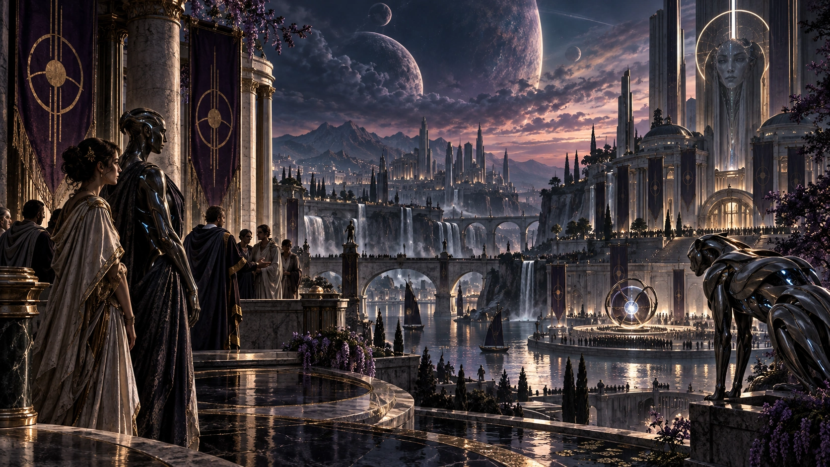 People overlook a luminous future city of terraces, waterfalls, bridges, and monumental towers beneath a pale planetary sky.
