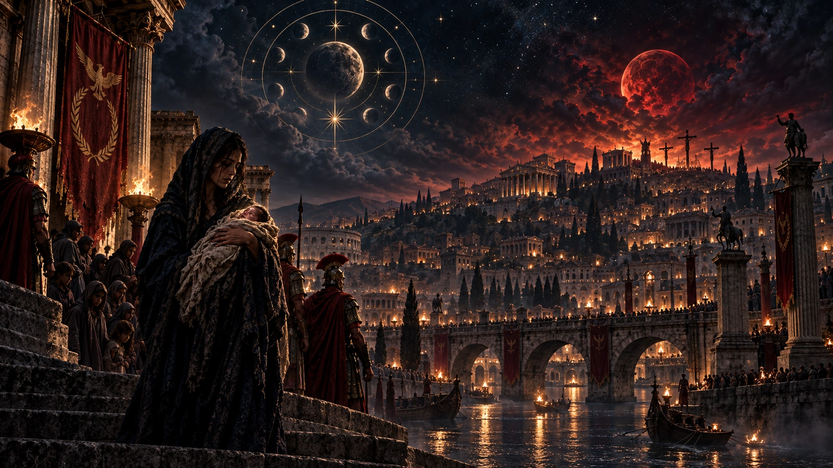 A torchlit procession and crowds move through a monumental Aurelian river city at dusk beneath civic banners and temples.