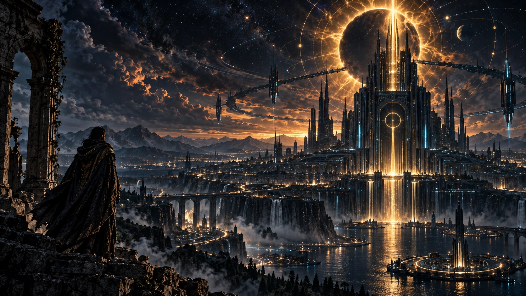 People overlook a vast future city of dark towers, elevated routes, waterfalls, and blue-lit infrastructure beneath a planetary sky.